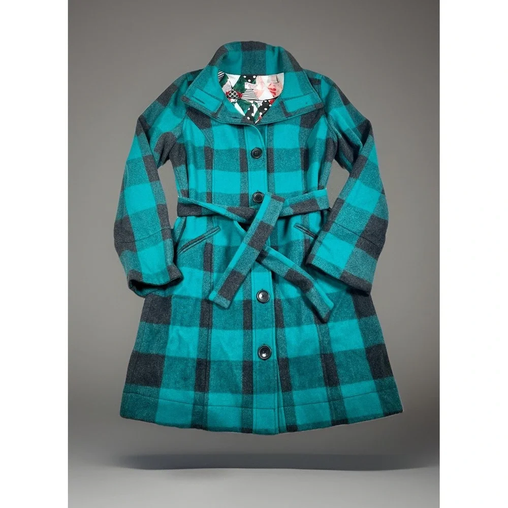 VTG Original Penguin Wool Trench Coat Women M‎ Fully Lined Buffalo Plaid-NWOT